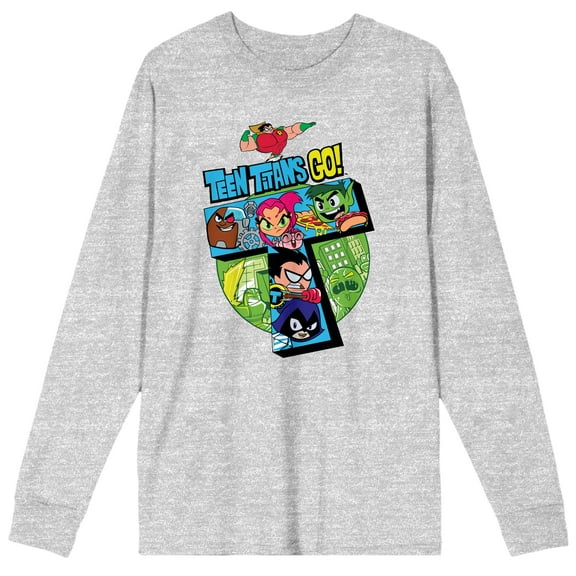 Teen Titans Go to the Movies T Character Logo Men's Heather Grey Long Sleeve Tee-M