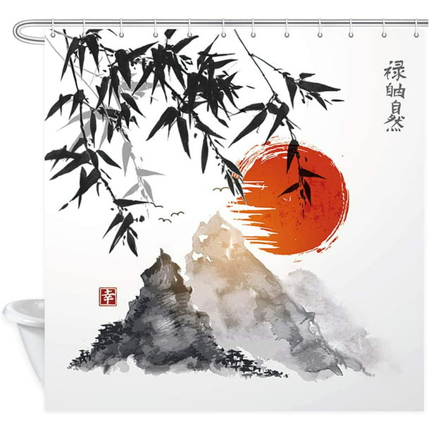 Japanese Bamboo Trees Sun And Mountains, Japanese Painting Shower Curtain