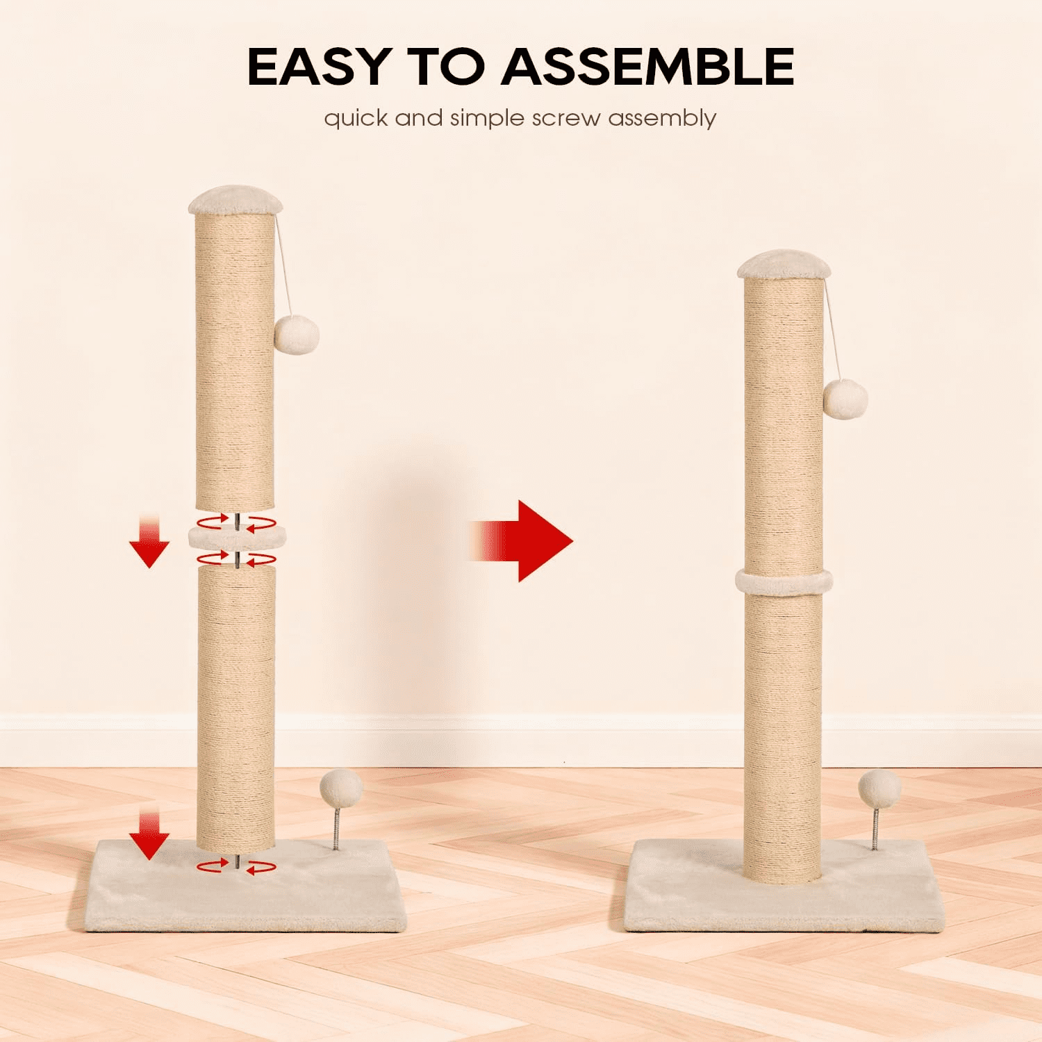 BORGEBY 33 Inch Cat Scratching Post, Natural Sisal Rope Cat Scratcher with Hanging Ball Toy for Indoor Cats and Adults ,Beige