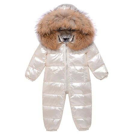 Otqutp Baby Down Boys Down Thickened Girls Down Outerwear Kids Winter Romper Hooded Warm Snowsuit Puffer Down Zipper Coat Jacket(White 18-24 Months)