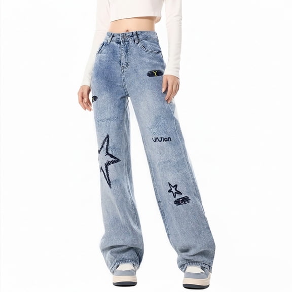 Womens Fashion High Waisted Jeans Star Embroidery Straight Leg Loose Drapey Floor Length Denim Casual Long Trousers Star Print Baggy Jeans