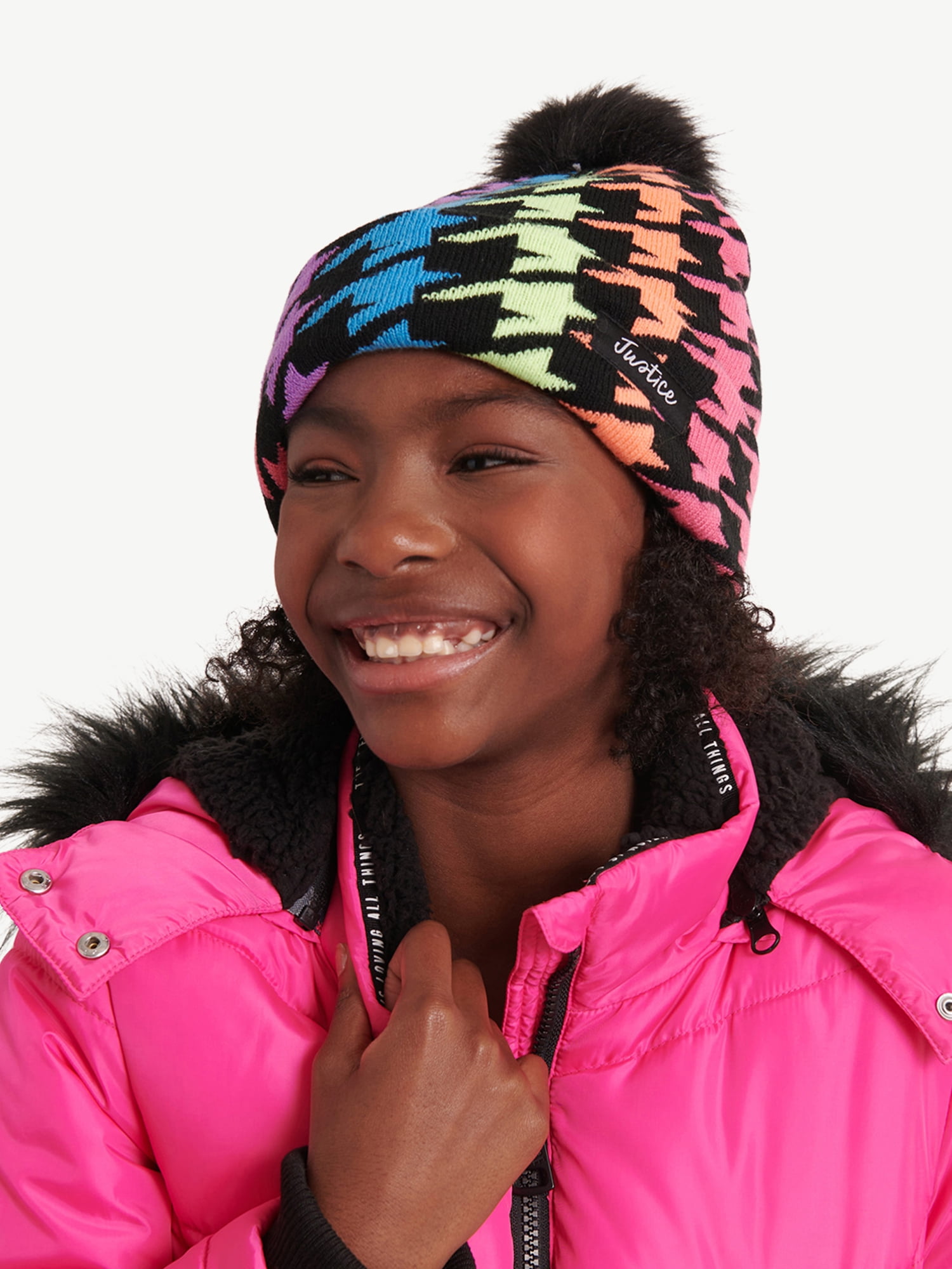 Girls Rainbow Houndstooth Knit Beanie with Faux Fur Kuwait Ubuy
