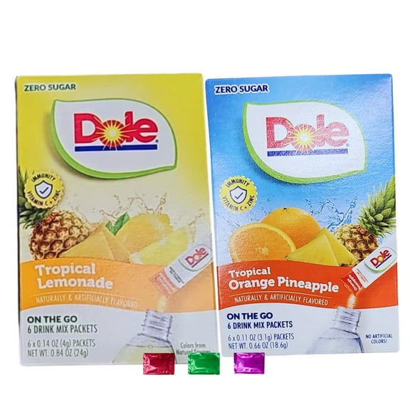 Dole Tropical Lemonade & Tropical Orange Pineapple Drink Mix, 12 Total Servings 2 Boxes, Low Calorie Zero Sugar Powdered On the Go Beverage with Snoep in Beperkte Oplage