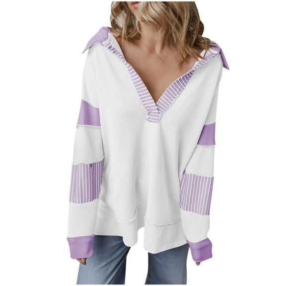 HAiming Color Block Pullover Tops Casual V Neck Lapel Collar Long Sleeve Shirt Fall Winter Trendy Clothes