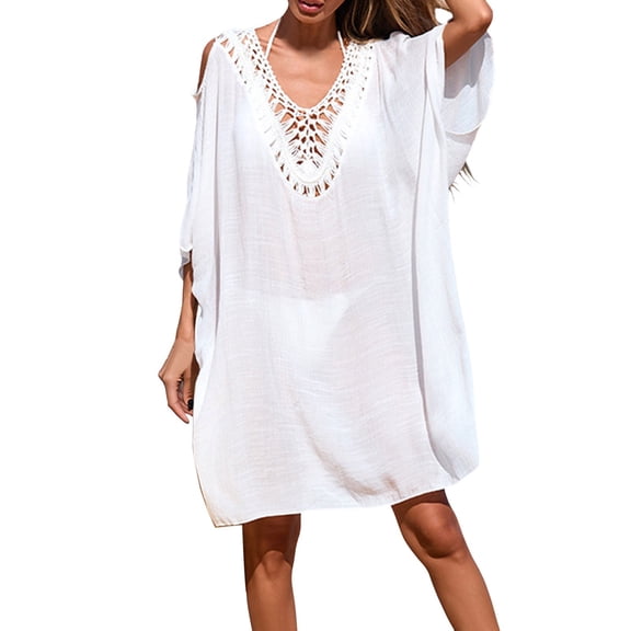 JIAYUE Women's Bathing Cover-Ups Pure Color Plus Size Knee Length Hollow Half Sleeve Open Back Coverup Summer Loose Beach Crochet Comfortable Swimwear Cover Up Dresses