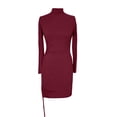 thumbnail image 3 of Manxivoo Long Sleeve Dress Women's Solid Color Slim Fit Half High Neck Dress Long Sleeved Round Neck Drawstring Dress Fairy Dress Wine XL, 3 of 3