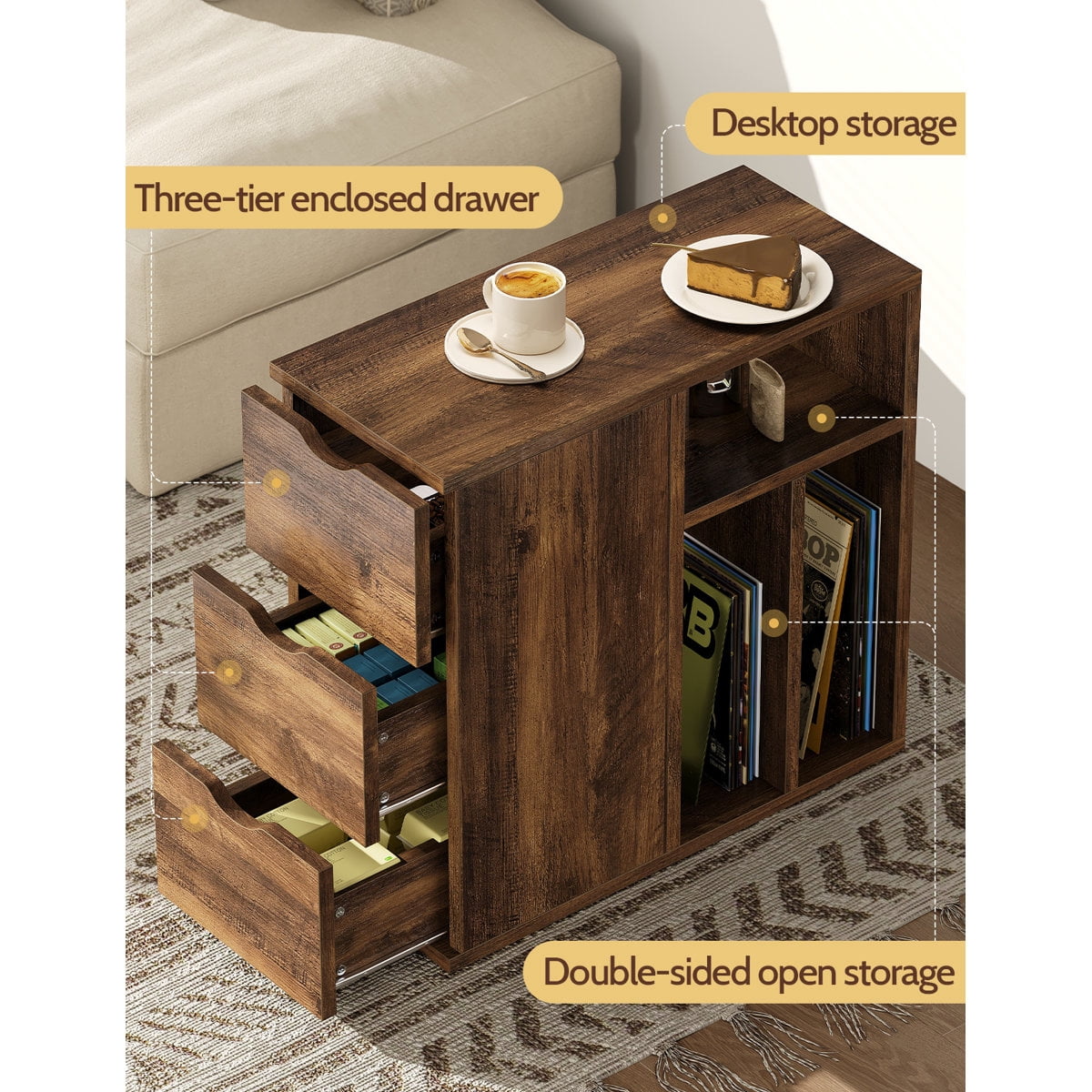 Vividwood Narrow End Table with 3 Drawers and Storage Shelves for Living Room, Bedroom, Brown