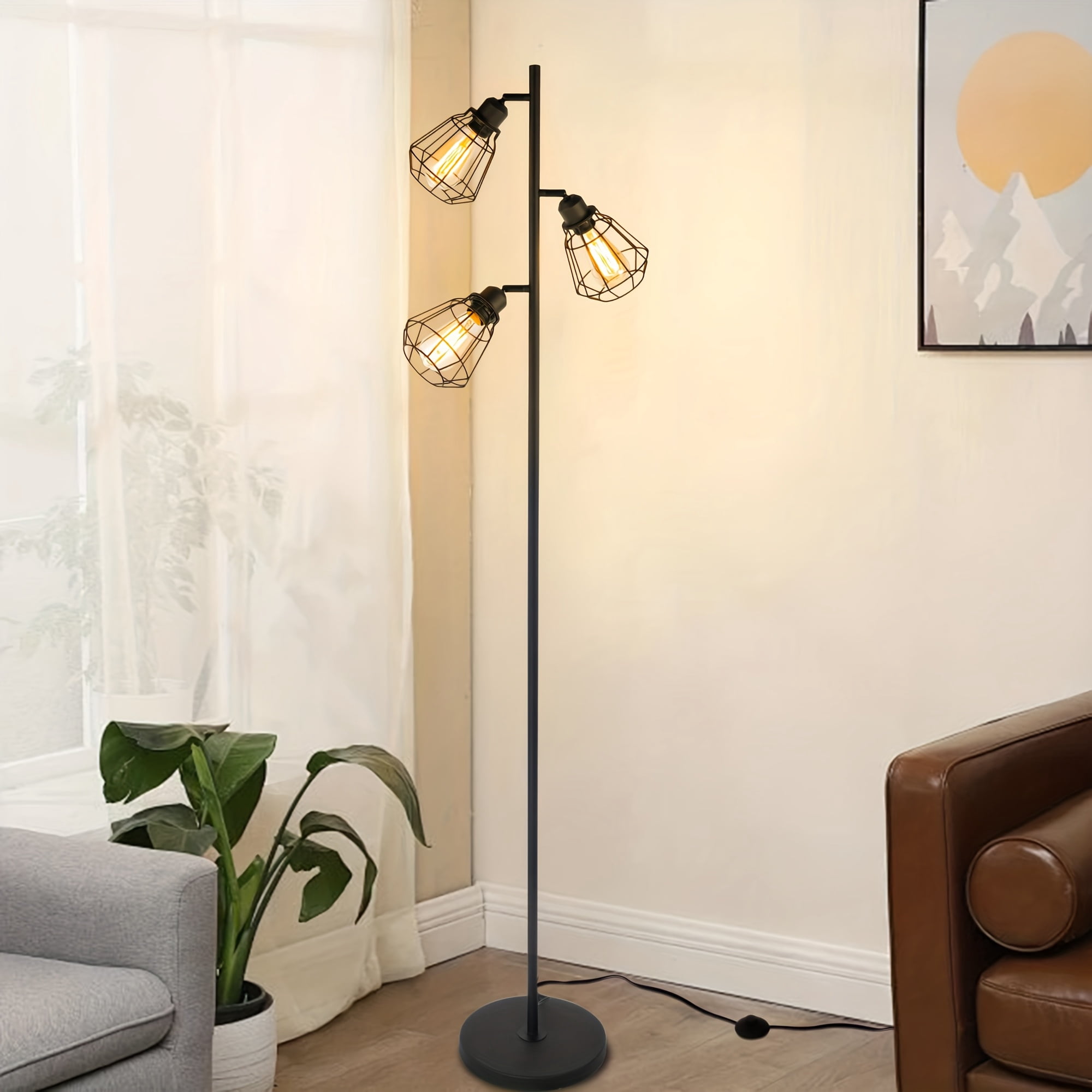 Tree Floor Lamp for Living Room with 3 Elegant Teardrop Heads And ST64 Edison Bulbs, Sturdy Base, Tall Vintage Pole Lamp for Cottage Rustic Bedroom Office