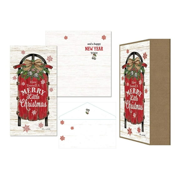 LPG Greetings Have Yourself a Merry Little Christmas: Red Sled 14 Mini Long Christmas Cards in Keepsake Box