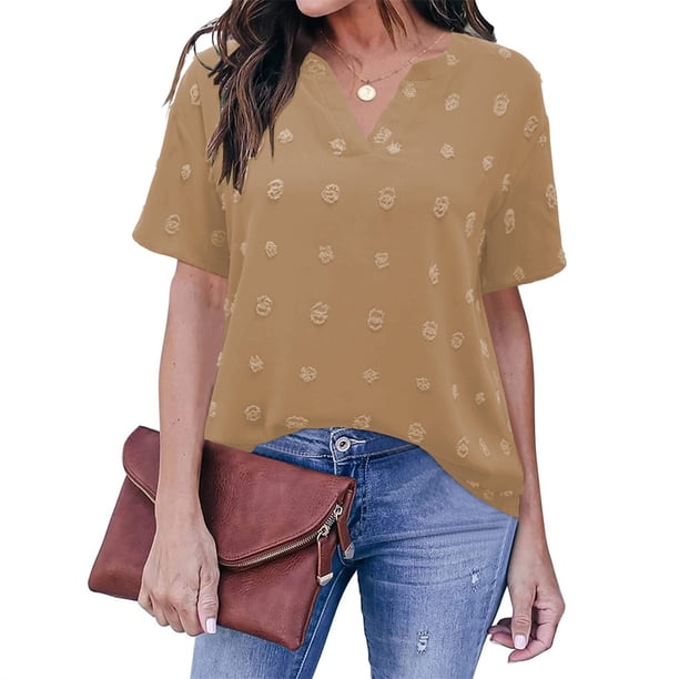 Qarigey Blusa con cuello en V Camisa estética holgada Oficina Vacaciones Playa Compras Moda Verano Top Novia Madre Ropa Prendas para la parte del cuerpo Caqui XXL Qarigey AP011062-30