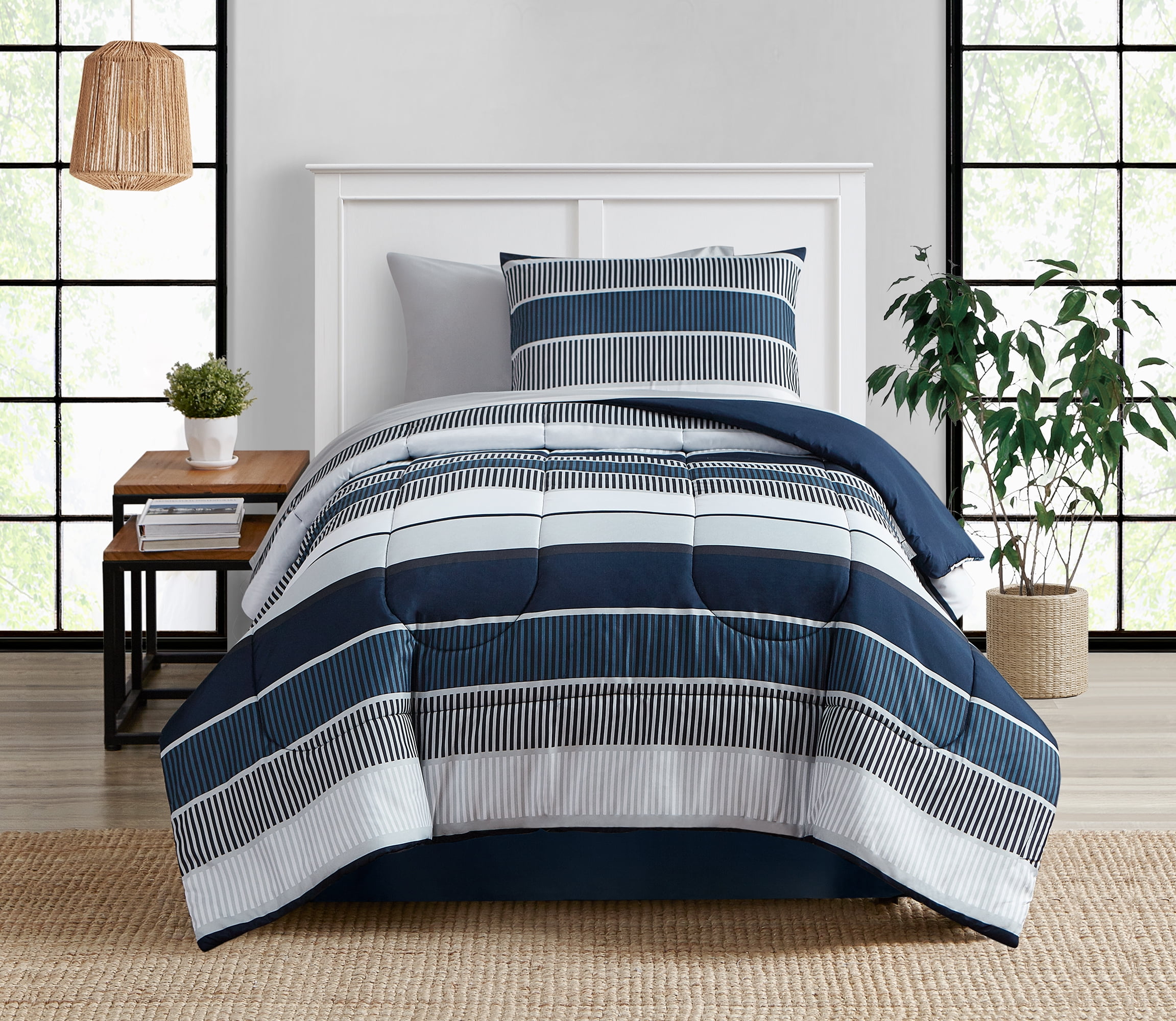 New Teens Dorm Blue Stripes Comforter 4 pcs Queen Twin TXL Bedding Set 