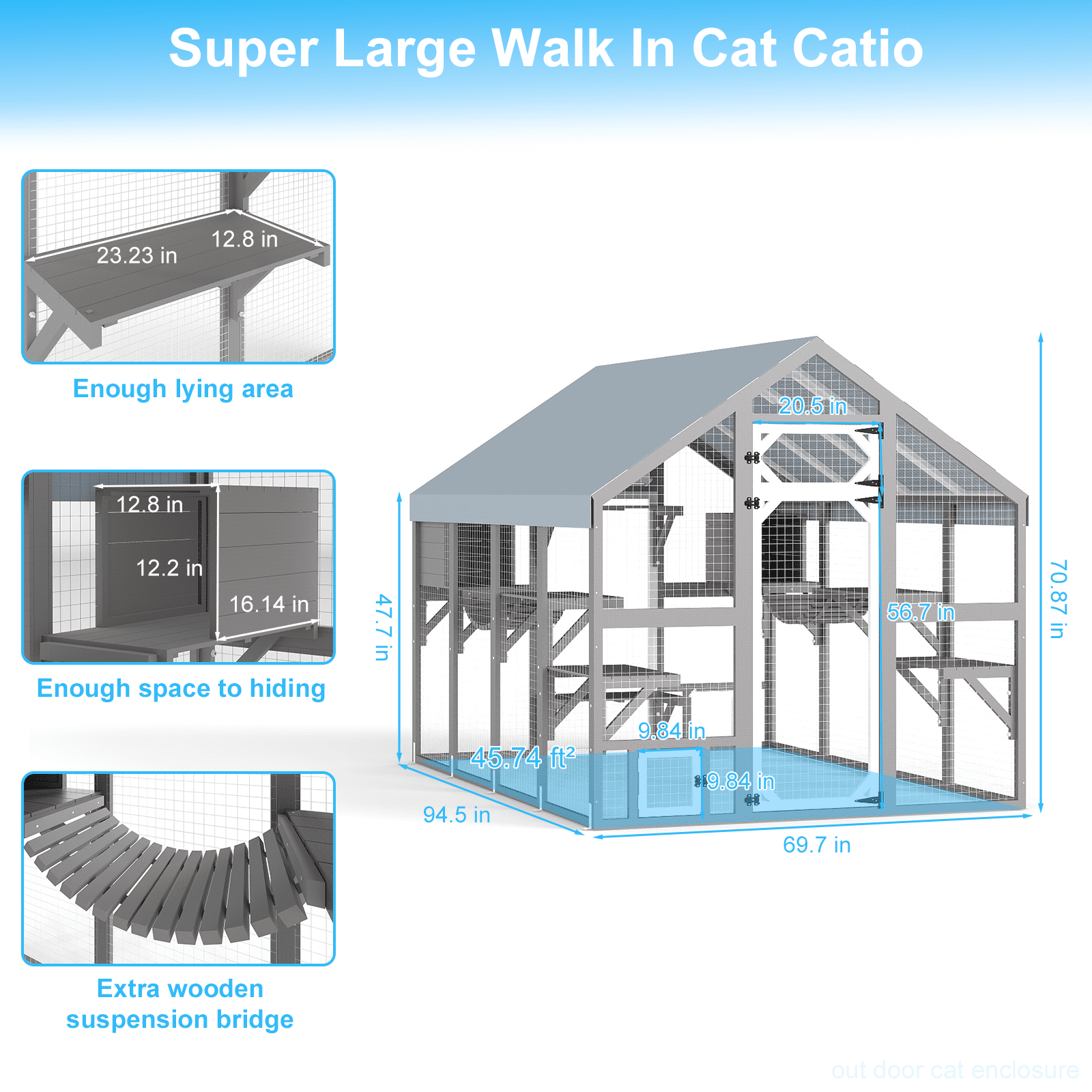 Petscosset 110" Large Catio Outdoor Cat Enclosure, Multi Cats Cat House Weatherproof, Small Animals House Outdoor for 6-8 Cats
