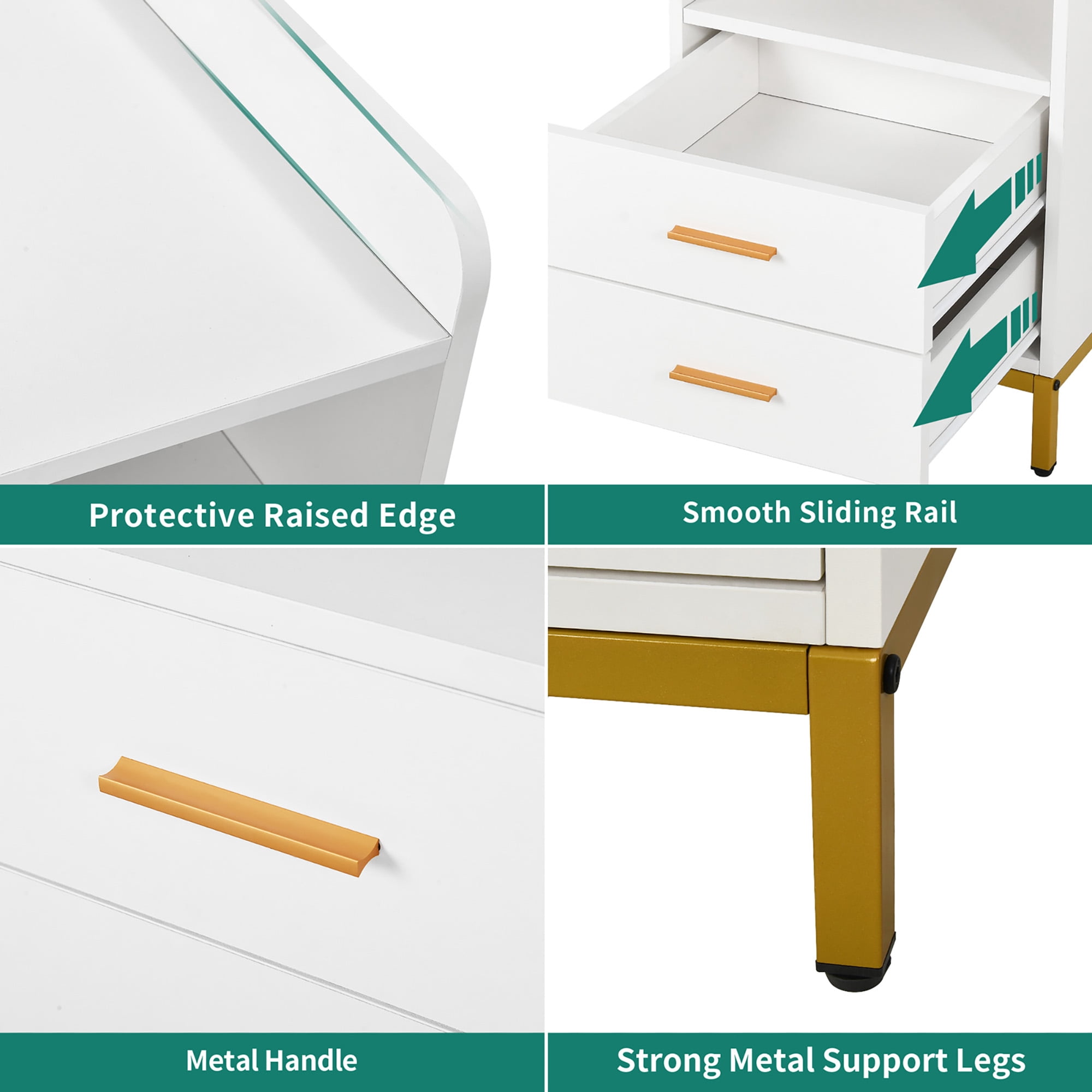 Dextrus LED Nightstand with Charging Station, Modern Bedside End Table with Drawers and Shelf, White