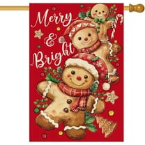 Christmas Gingerbread Man House Flag 28x40 Inch Double Sided Candy Cane Red Merry and Bright Holly Berries Large Garden Flag Winter Seasonal Holiday Yard Outdoor Outside Decoration