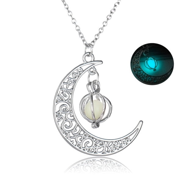 Halloween Necklace - 925 Sterling Silver Glow In The Dark Moon & Pumpkin Bat Pendant, 18" Chain
