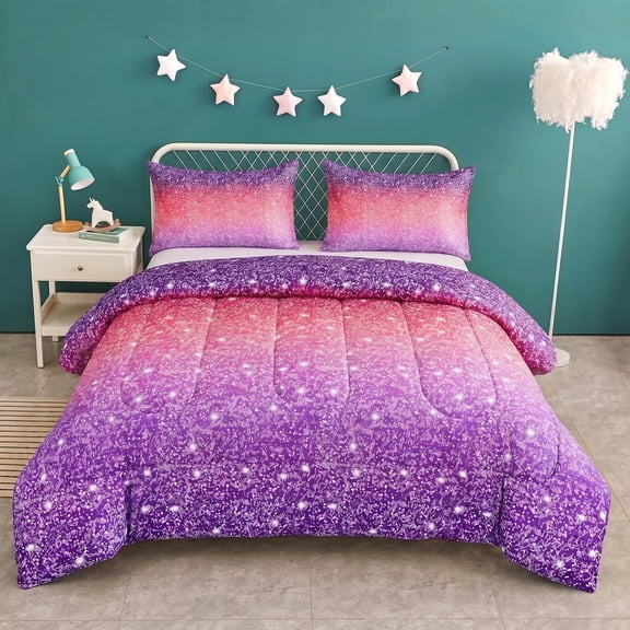 Flymme Girls Comforter Set Queen Size,3 Piece Bed in a Bag Queen Purple Pink Bedding Set with Pillowcases ,Soft and Breathable Bed Set for Bedroom Decor