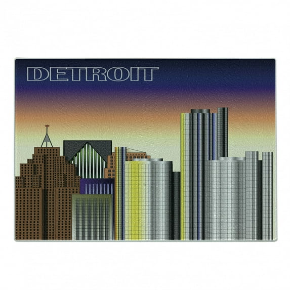 Detroit Cutting Board, Retro Style Downtown Illustration Metropolis High Rise Buildings Urban Modern Life, Decorative Tempered Glass Cutting and Serving Board, Small Size, Multicolor, by Ambesonne
