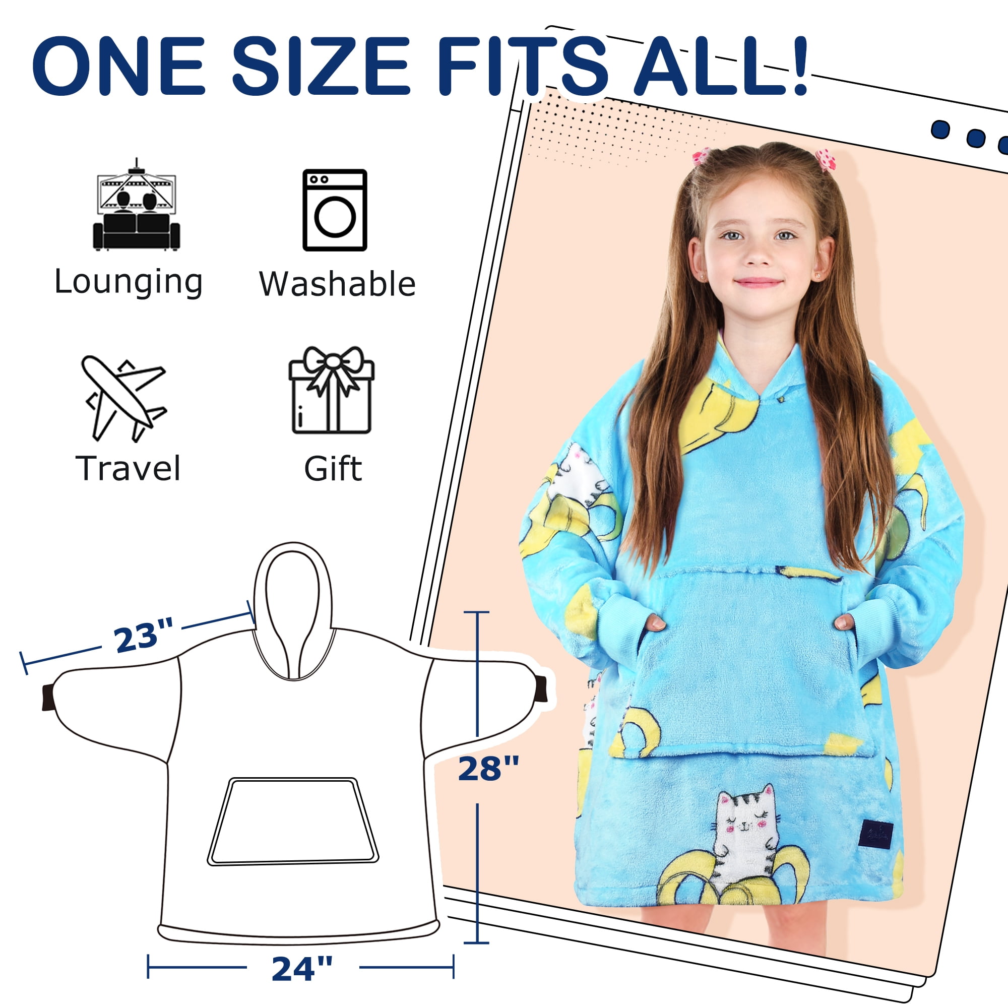 Catalonia Banana Cat Wearable Blanket Hoodie for Kids, Fleece Snuggy Sweatshirt Pullover, 4-12 Years Boy Girl Gift