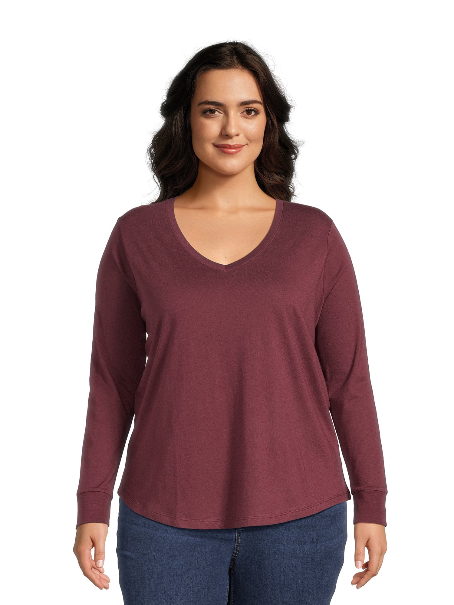 Terra & Sky Women's Plus Size Long Sleeve V-Neck T-Shirt, 2-Pack