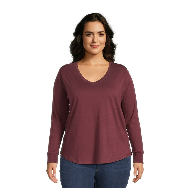 Women's Plus Size Long Sleeve V-Neck T-Shirt (Red, 0X, Numeric_14) at   Women's Clothing store