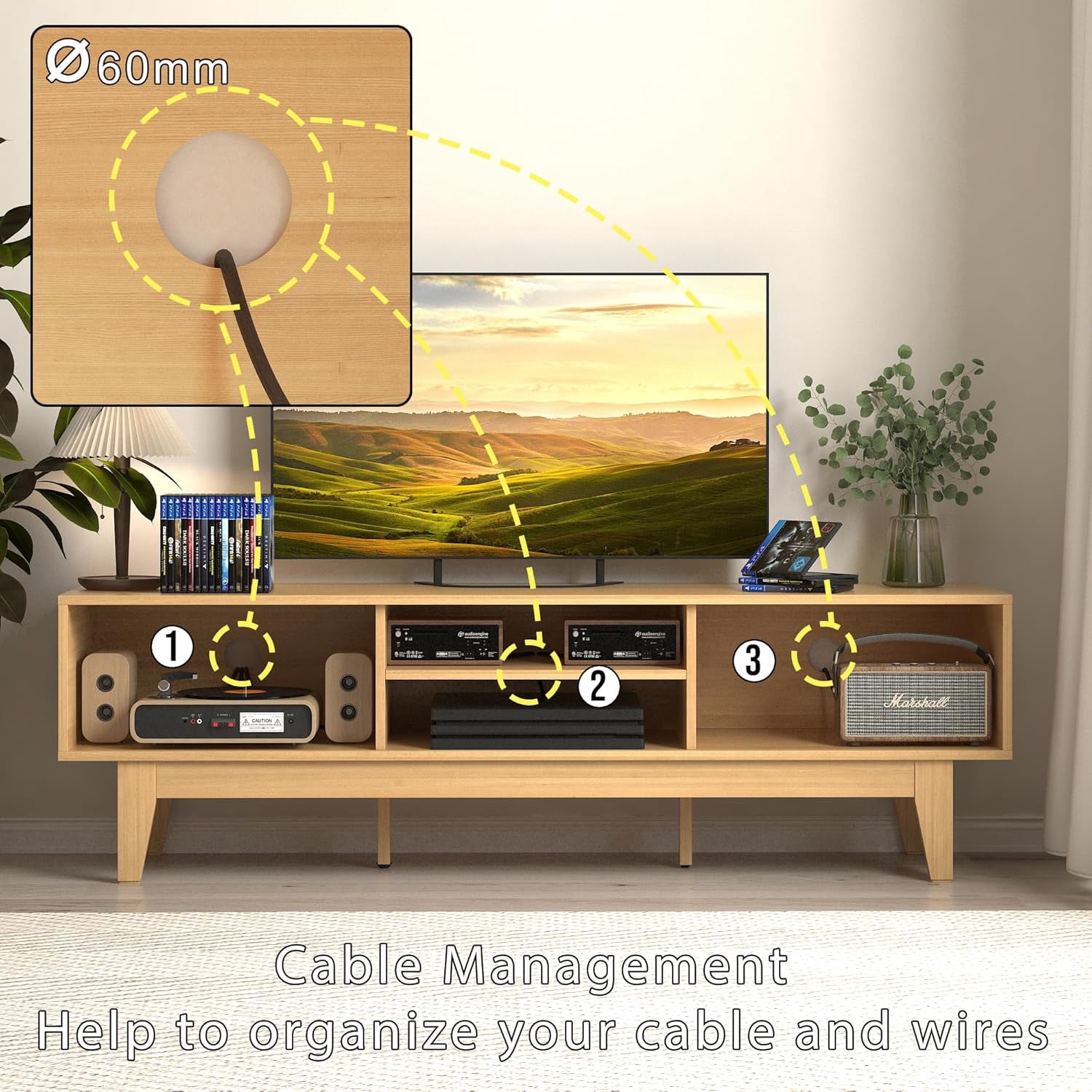 FANRAL Boho Farmhouse TV Stand for 65 Inch TV,Rattan Entertainment Center with Sliding Doors,Media Console with Adjustable Shelves & Cord Holes for Living Room,Natural Oak TV Stand