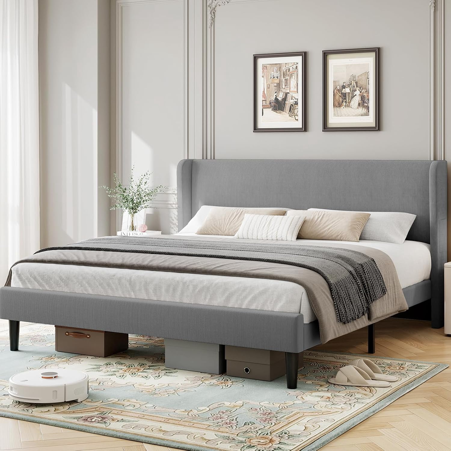 Senfot Full Size Bed Frame,Upholstered Platform Bed with Wingback Headboard,Velvet Upholstered Bed Frame with 2 Storage Pockets,Strong Wooden Slat Support,Box Spring Optional,Easy Assembly,Light Gray