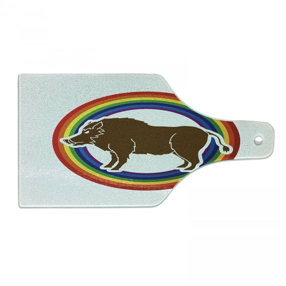 Razorback Cutting Board, Digitally Generated Wild Hog Boar Standing in Round Frame with Rainbow Colors, Decorative Tempered Glass Cutting and Serving Board, in 3 Sizes, by Ambesonne