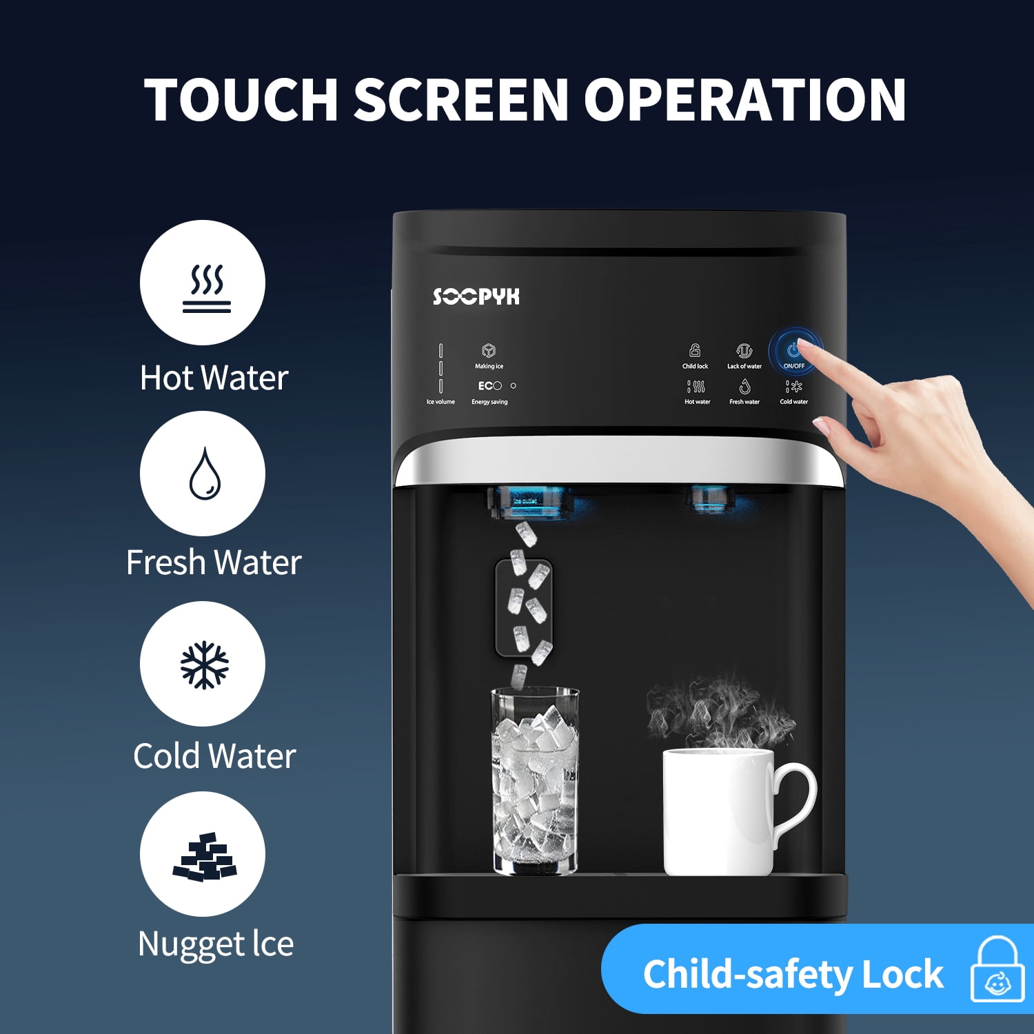 SOOPYK Bottom Loading Water Dispenser with Nugget Ice Maker, 44lbs/Day,5 Gallon,Self-Clean,3-Temp(Cold/Hot/Room),Child Lock,for Home & Office,Black