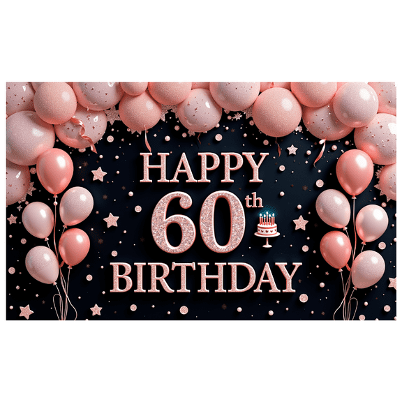 Yatrandify Decorative Design Happy Birthday Banner Pink Balloons 60th Cake Birthday Party Backdrop for Milestone Celebration Indoor Decoration Event Party
