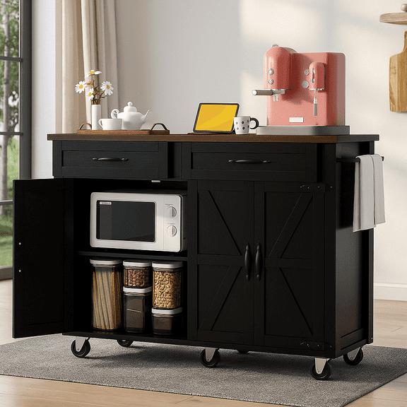 K&K 53.5''Farmhouse Kitchen Island with Power Outlet, Kitchen Storage Island with Drop Leaf, Spice Rack and Drawer, Rolling Kitchen Cart on Wheels, for Home, Kitchen and Dining Room, Black