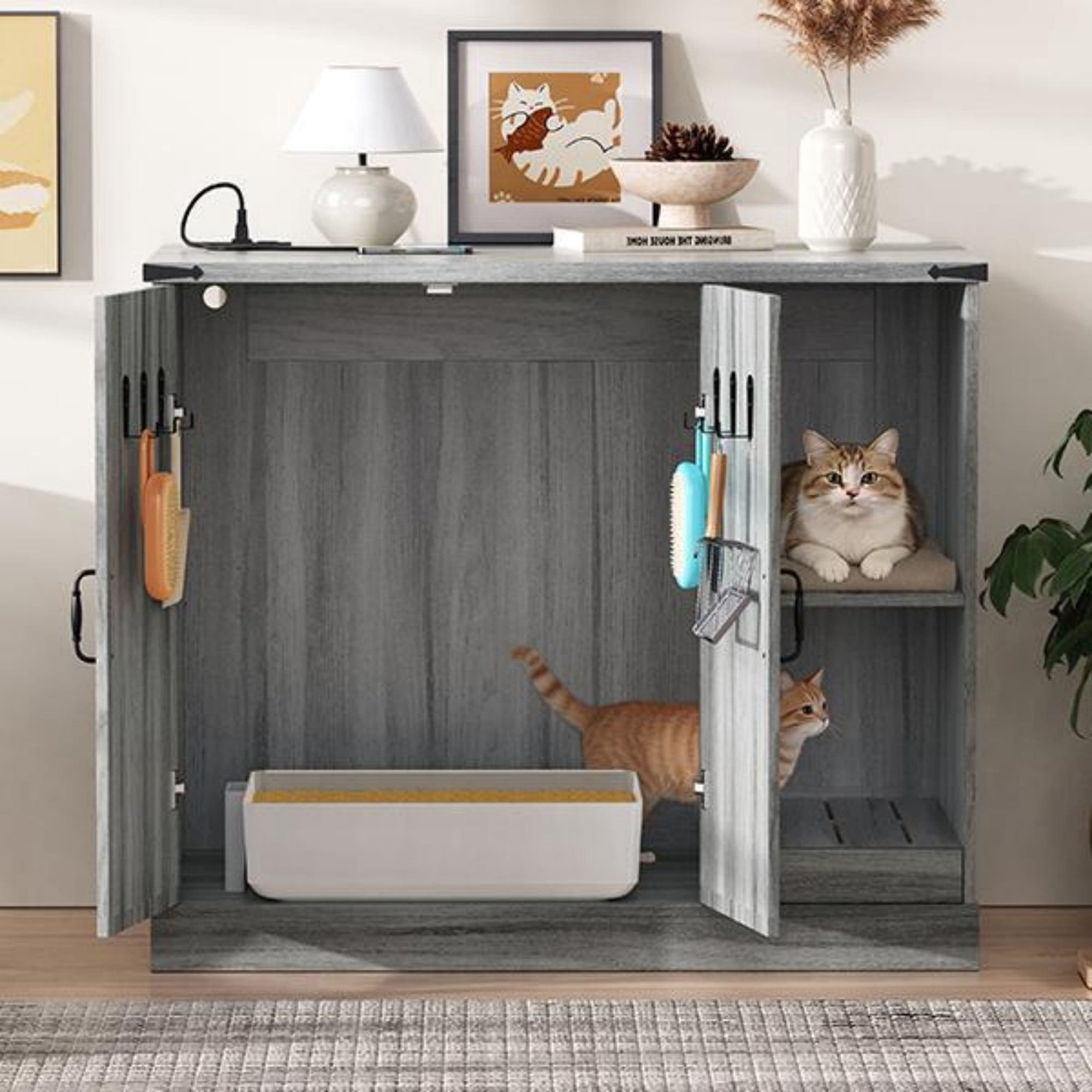 TOPCOMFY Cat Litter Box Furniture Modern Cabinet with Power Outlet Hidden Enclosure with Litter Catcher Adjustable Storage Shelves Gray for Large Automatic Litter Boxes