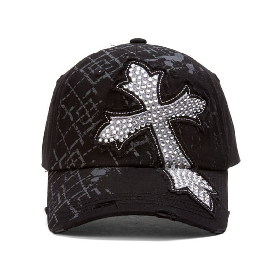 Top Headwear Beaded Cross Distressed Adjustable Baseball Cap - Black