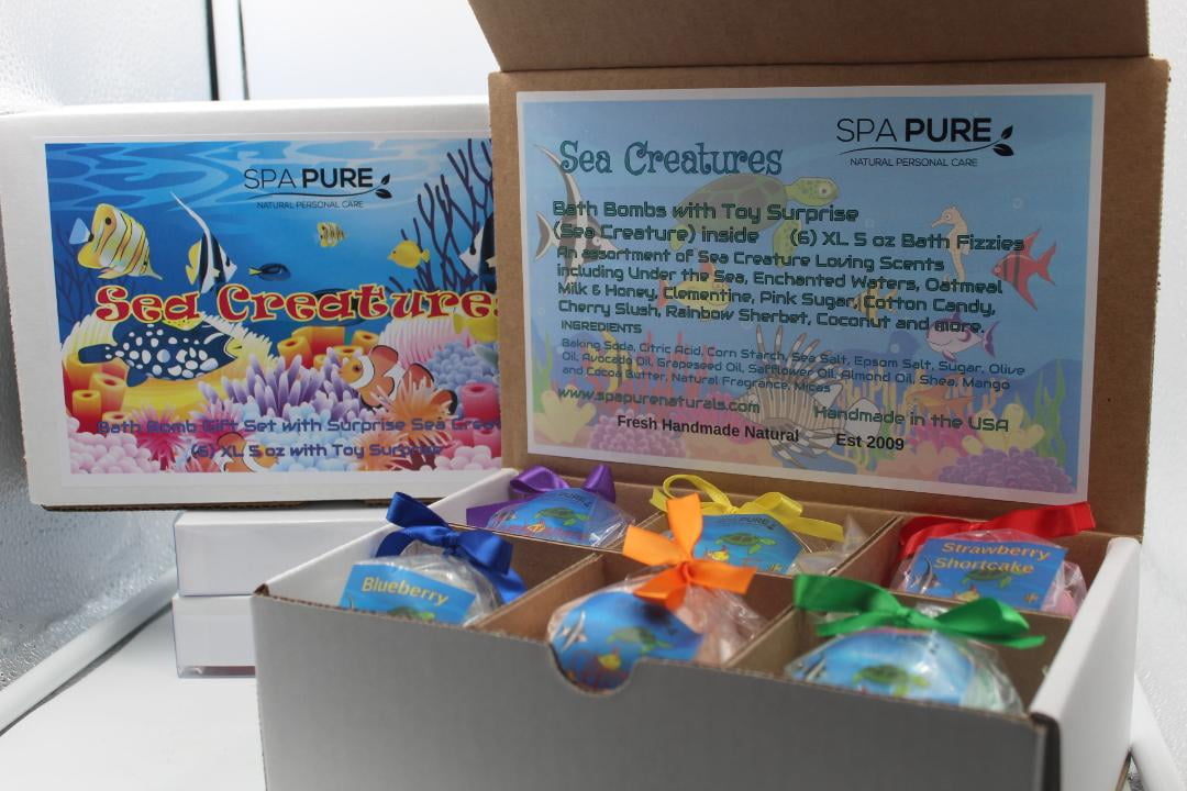 Spa Pure Kids Bath Bombs - Gift Set with Sea Creature Toys Inside - 6 Large 5 oz, Colorful, Moisturizing Bath Bombs That Will Not Stain Your Tub