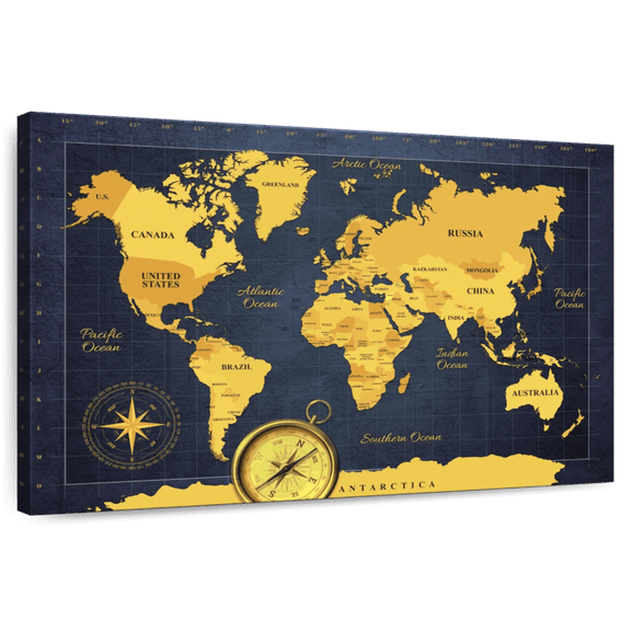 Elephant Stock Gold Compass World Map Wall Art - Horizontal Canvas Wall Art - Living Room Wall Decor - Map Canvas - Blue And Orange Decor - 12" x 8"