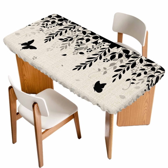 Spring Botanical Table Cloths for 3 Foot Rectangle Tables, Black Eucalyptus Butterfly Rustic Patio Waterproof Elastic Fitted Tablecloths, Washable Rectangular Table Cover for Camping