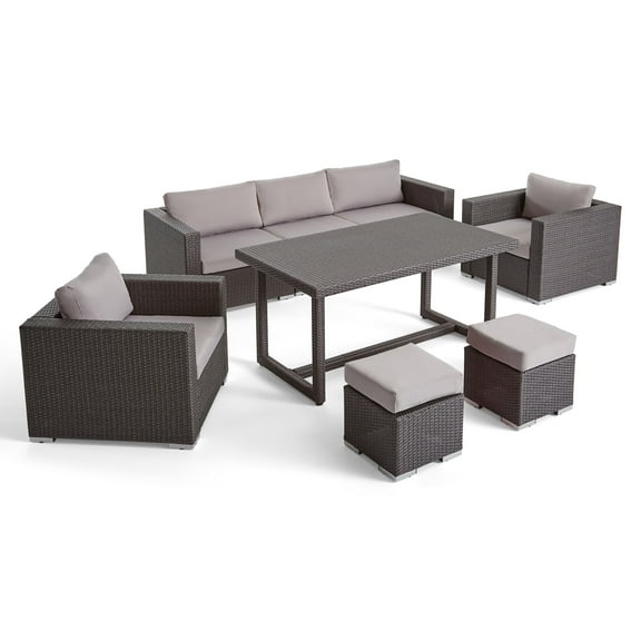 GDF Studio Avianna Outdoor 7 Seater Wicker and Aluminum Sofa Dining Set, Gray and Light Gray