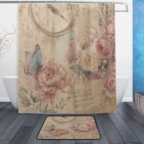 TTYFWHD 60" x 72" Shower Curtain and Bath Mat Set Vintage Peony Clock Pattern Waterproof Bathroom Curtain with 12 Hooks, Bathroom Decor Set