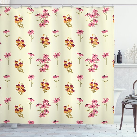 Floral Shower Curtain, Illustration of Pansies Chamomiles on a Cream Tone Background Garden Artwork, Fabric Bathroom Set with Hooks, 69W X 84L Inches Extra Long, Cream Multicolor, by Ambesonne
