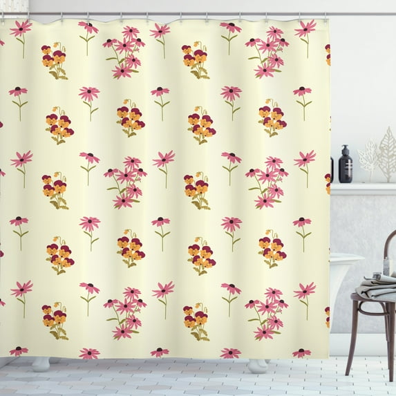 Floral Shower Curtain, Illustration of Pansies Chamomiles on a Cream Tone Background Garden Artwork, Fabric Bathroom Set with Hooks, 69W X 75L Inches Long, Cream Multicolor, by Ambesonne