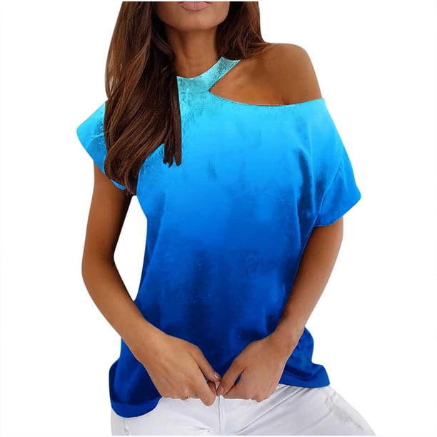 Mujeres Verano Cuello Redondo Manga Corta Estampado Sin Tirantes Camiseta Tops Blusas OAVQHLG3B Store lin121212
