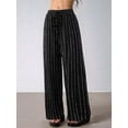 thumbnail image 5 of Women's Striped High Waist Drawstring Wide Leg Loose Casual Trousers with Pockets Black L, 5 of 9