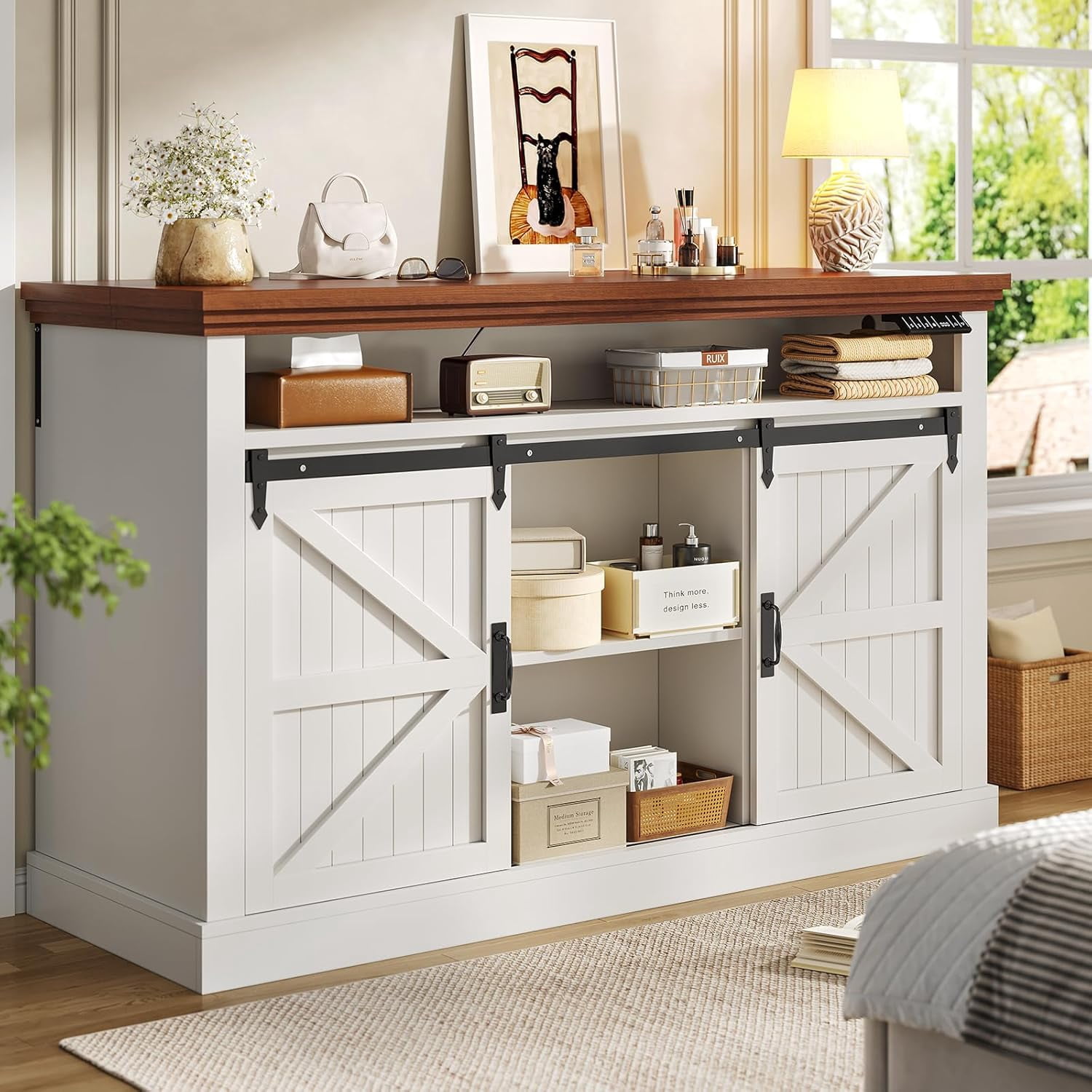 Motorized TV Lift Cabinet for 55-60” TVs, Farmhouse TV Stand, Entertainment Center with Storage Cabinets & Sliding Barn Doors, TV Media Console Table with Charging Station for Living Room, White