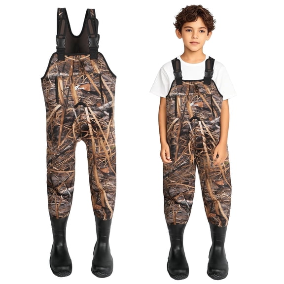 8 Fans Hunting Waders for Kids, Neoprene Youth Fishing Waders with Boot, Lightweight Chest Waders for Toddler Children (Next Camo Evo(s), 6/7#)