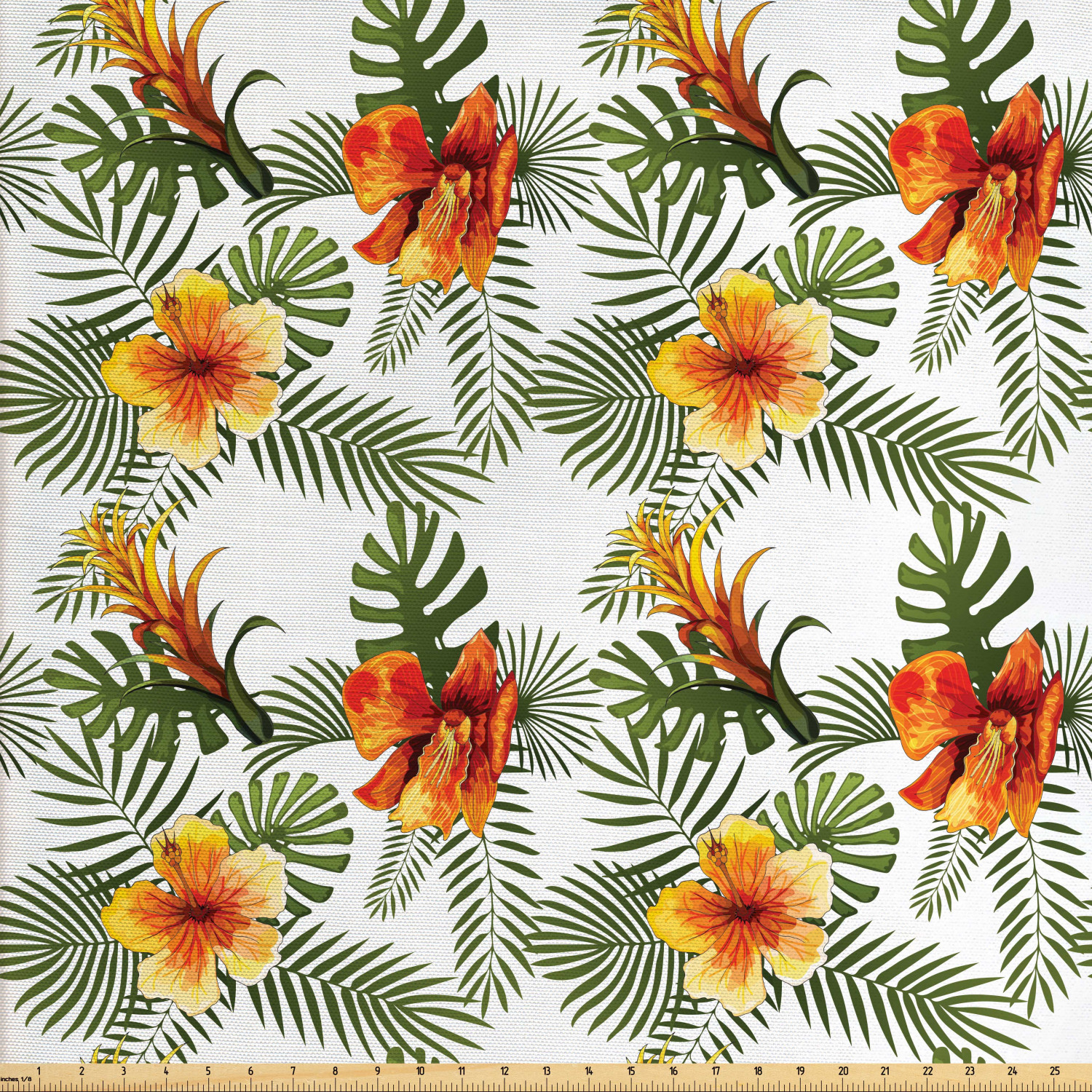 Hibiscus Fabric by The Yard, Palm Leaves Tropical Blossoms Repeating