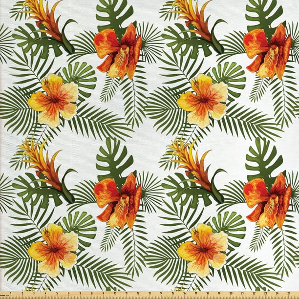 Hibiscus Fabric by The Yard, Palm Leaves Tropical Blossoms Repeating ...