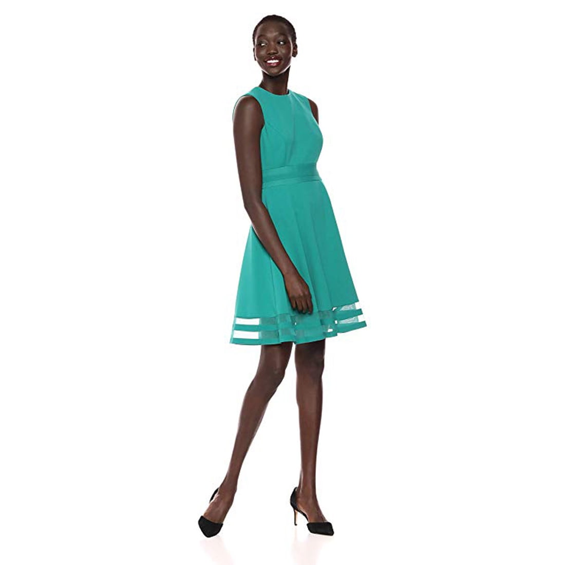 calvin klein women's sleeveless round neck fit and flare dress with sheer inserts