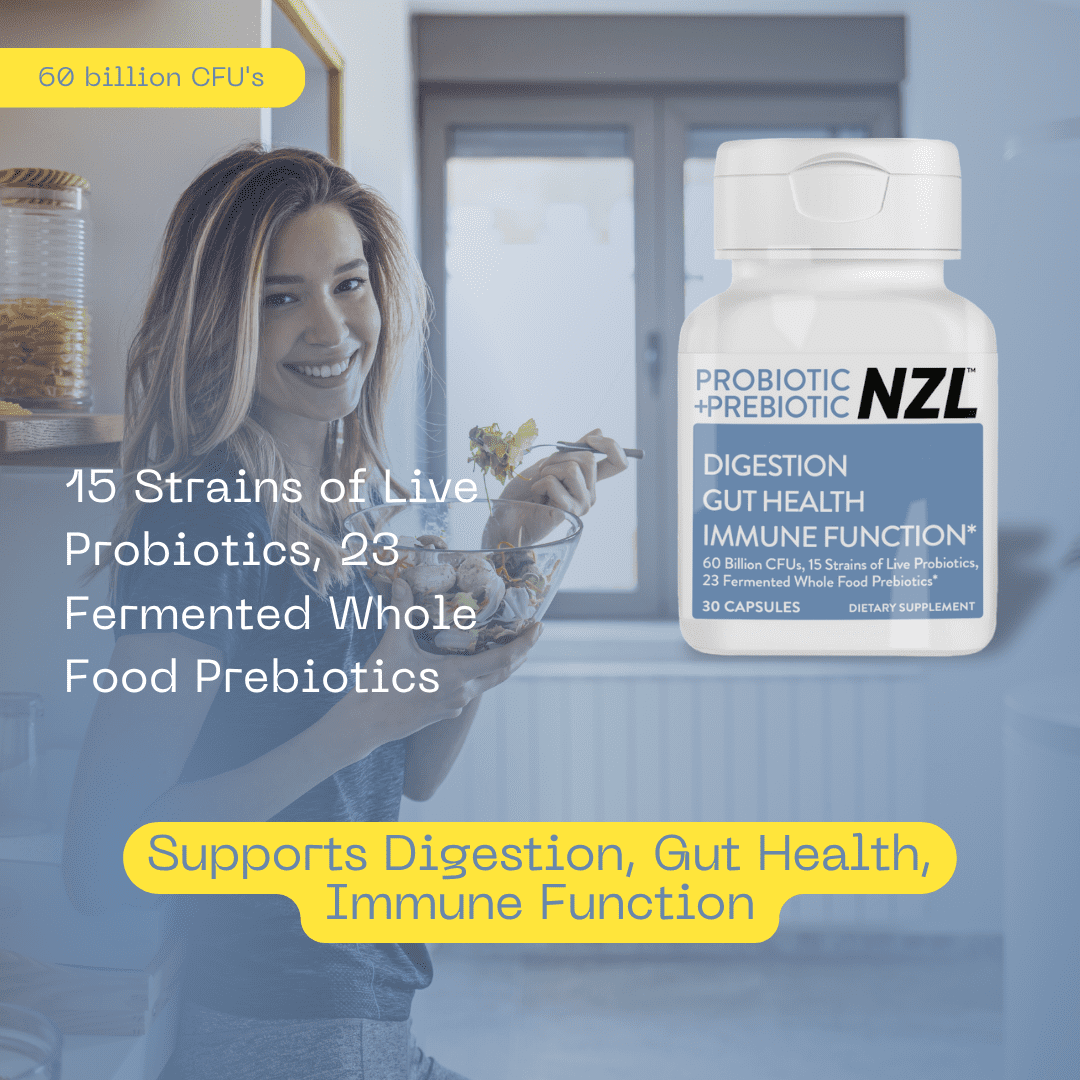 NZL Probiotic + Prebiotic Capsules, Once Daily 60 Billion CFUs, Digestive Health for Men and Women, 18 Strains, Shelf Stable, With Fermented Wholefoods, Prebiotic & Fibre, 60 caps, 1 Month Supply