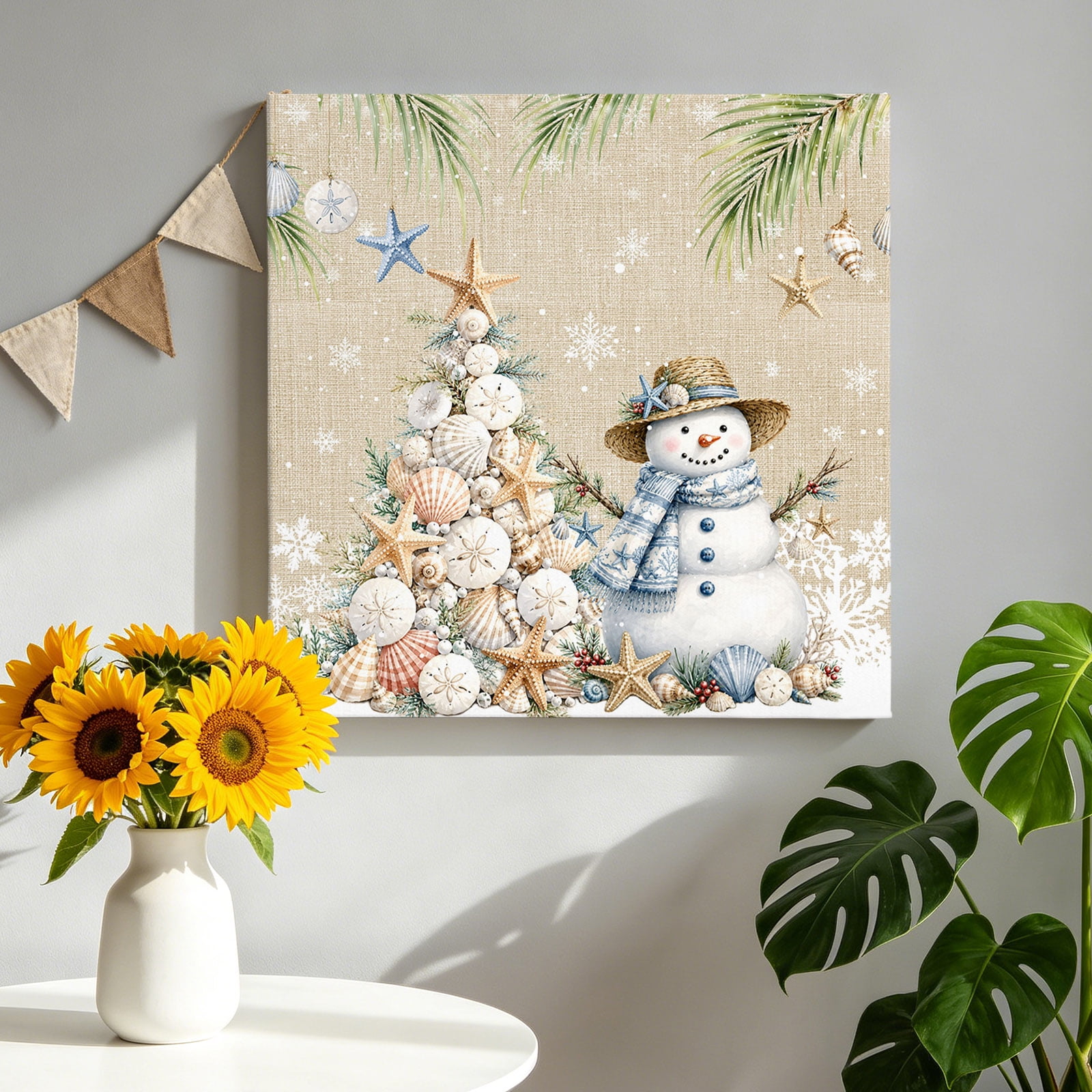 Coastal Christmas Canvas Wall Art for Living Room 16 L x 16 W Seashell Christmas Tree Beige Linen Texture Poster Print Painting for Study Lounge Office Home Decoration Wall Pictures Prepare To Hang