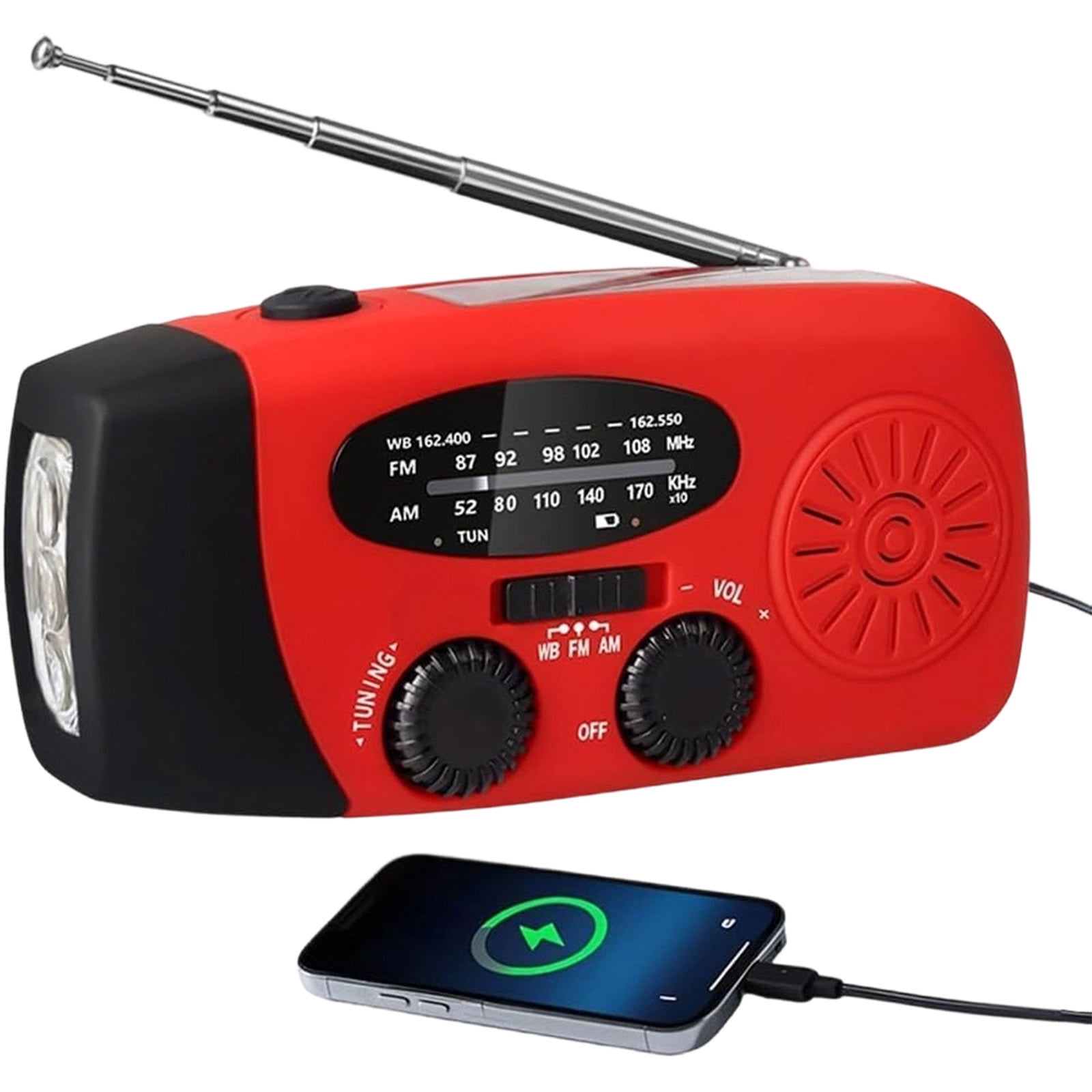 Solar Radio, Portable Hand-Crank AM/FM/WB Emergency Radio with Torch Solar Radio, 2000mAh Rechargeable Power Bank for Phone Charging Solar Radio, Red Design for Camping Home Emergency Use