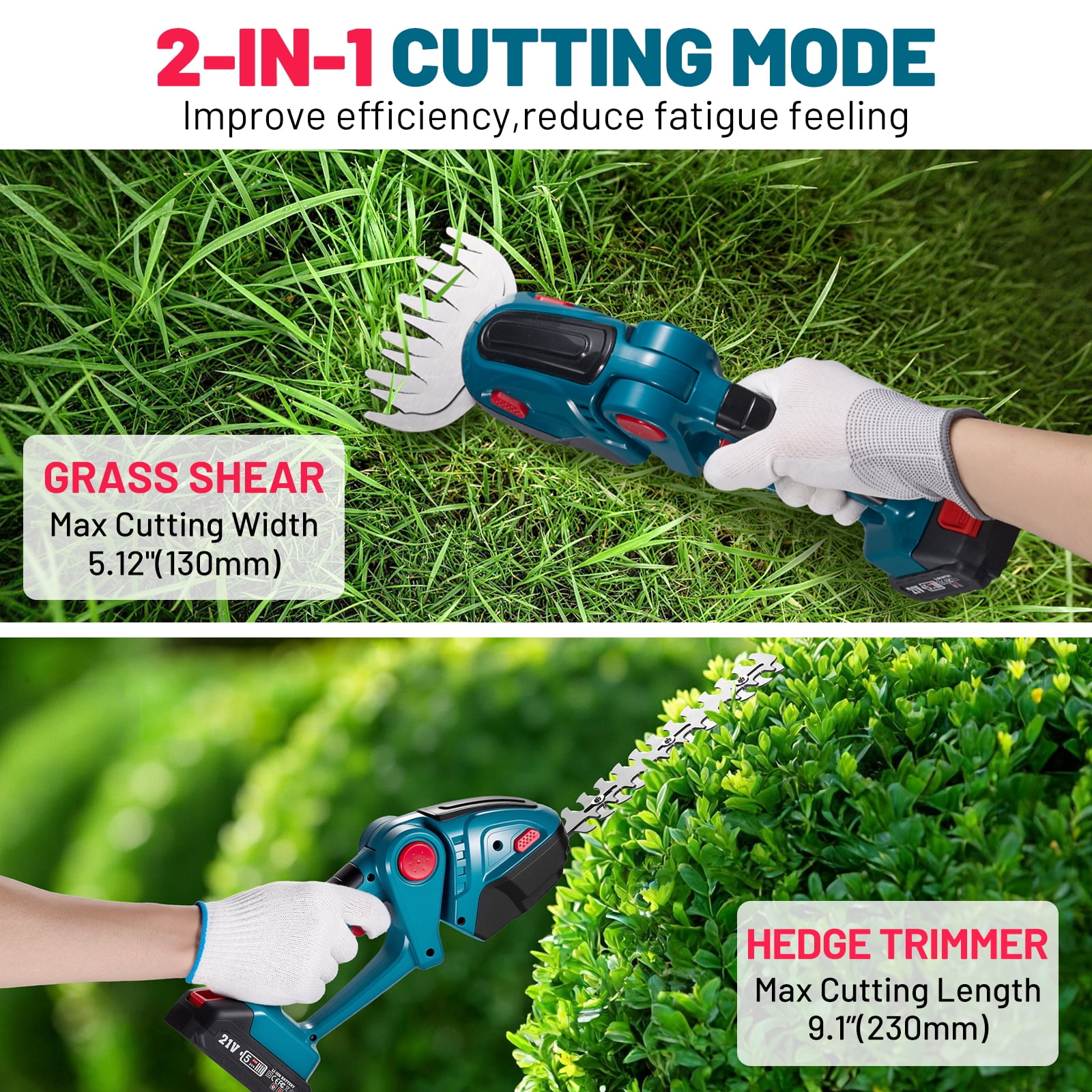 SPBTAR Cordless Hedge Trimmer, 2 in 1 Cordless Grass Shear & Shrubbery Trimmer, Lightweight Garden Tools with 2 Rechargeable Batteries & Charger for Hedge Cutting, Garden, Yards, Lawns